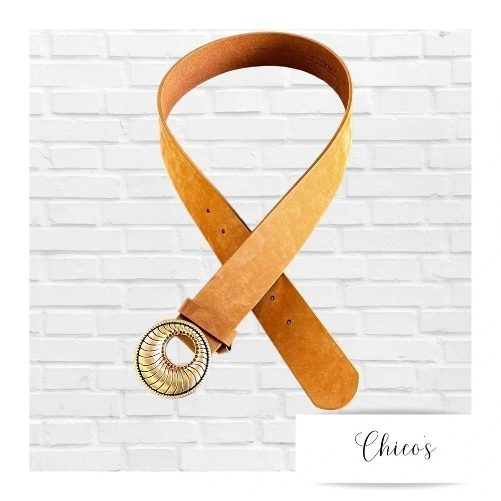 Chico’s Tan Suede Leather Belt NWOT Gold Buckle and Rhinestones Women’s Size S